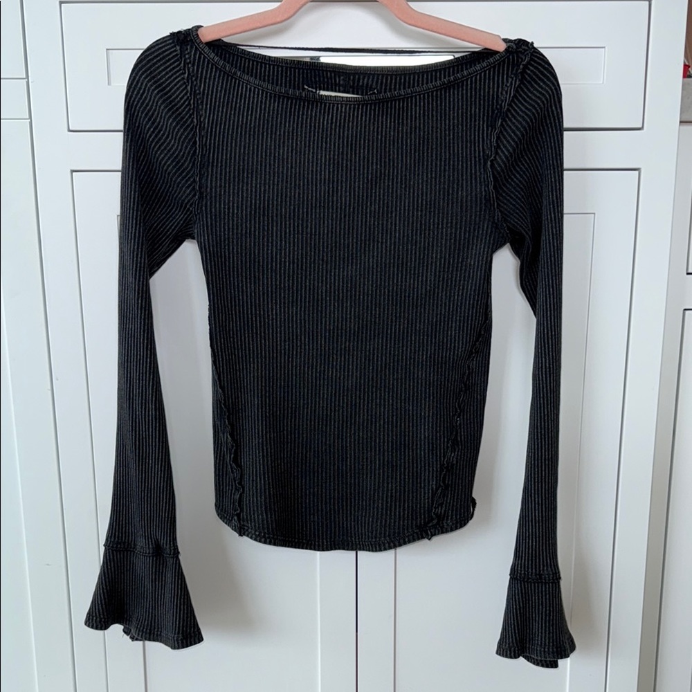 Free People Black Ribbed Long Sleeve Top